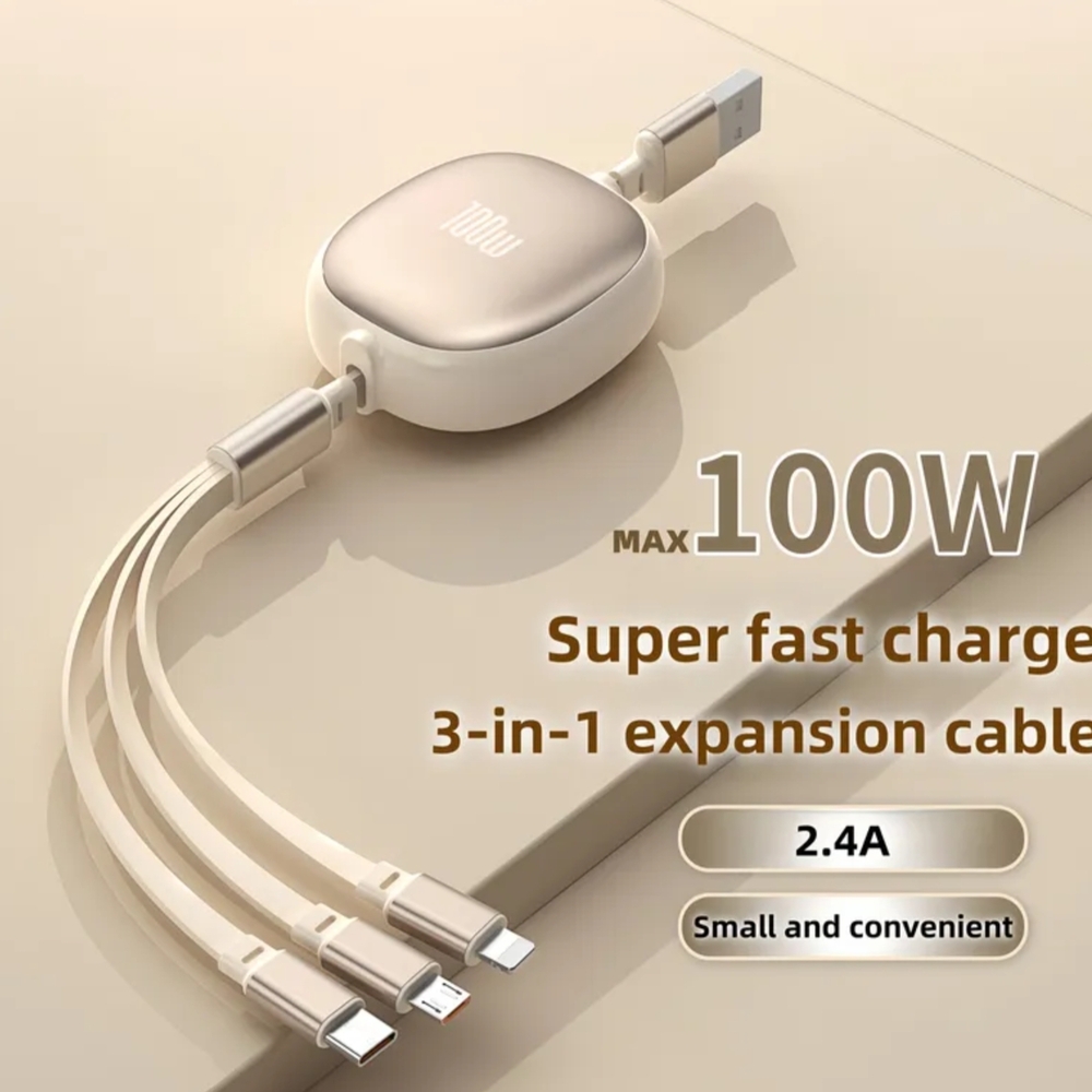 NWT 100W 3-in-1 Retractable Fast Charger - USB to C/Lightning/Micro - Picture 6 of 11